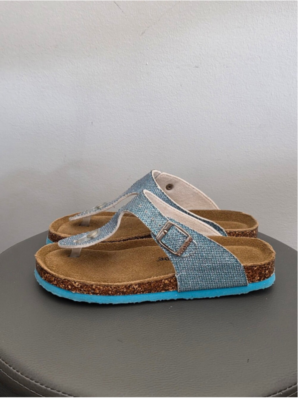 SoftMoc Girls Blue Glitter Cork Footbed Thong Sandals Size 3 Adjustable Buckle
